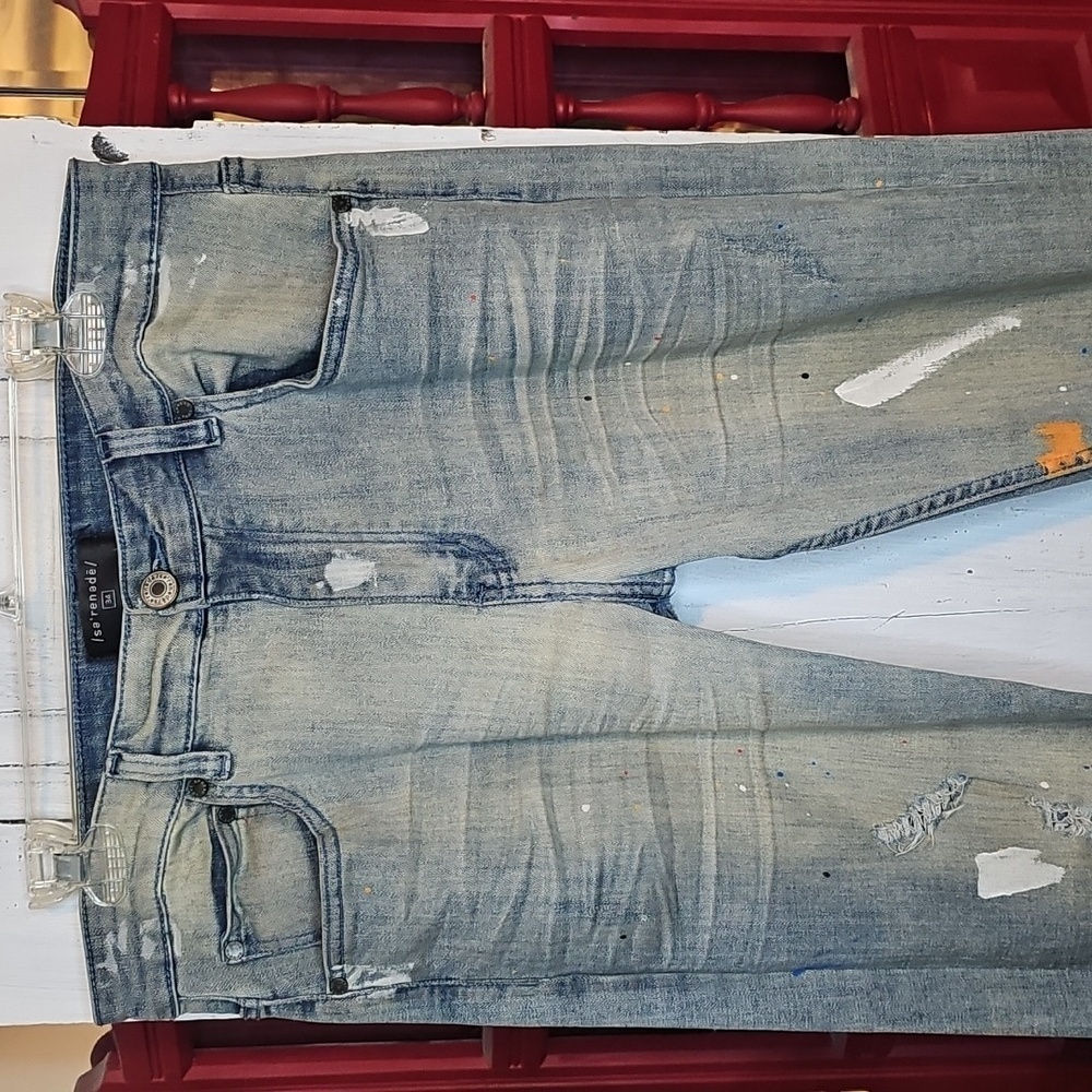 Serenede Mens Stretch Skinny Distressed Paint Splatter Light Wash Denim Jeans 34 - Picture 3 of 9